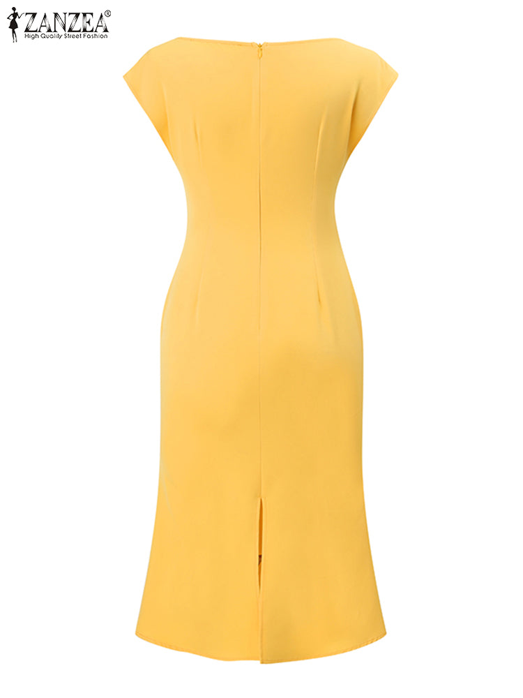 Summer Stylish Slim Fit Dress ZANZEA Women Elegant OL Work Midi Sundress Short Sleeve Solid Party Vestidos Fashion Penicl Dress
