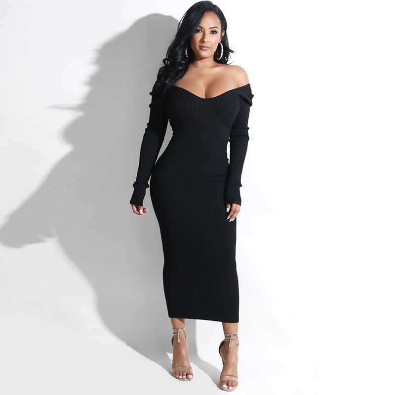 Sibybo Winter Ribbed Knitted Cotton Dress Women Off Shoulder Long Sleeve Sexy Bodycon Dresses Elastic Slim Party Vestidos 2021
