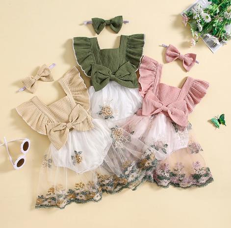 INS Summer New Toddler Baby Triangle Climbing Dress Mesh Dress Pit Strip Short Sleeve Stitching Princess Dress Cross-Border