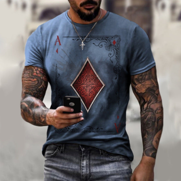 Men's Fashion Casual Simple Playing Card Printing Round Neck Short Sleeve T-Shirt Summer