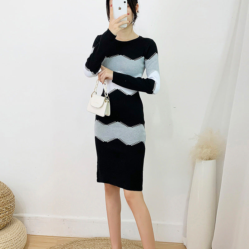 Knitted sweater dress women's new fall / winter 2020 color block waist medium length bottomed sweater skirt