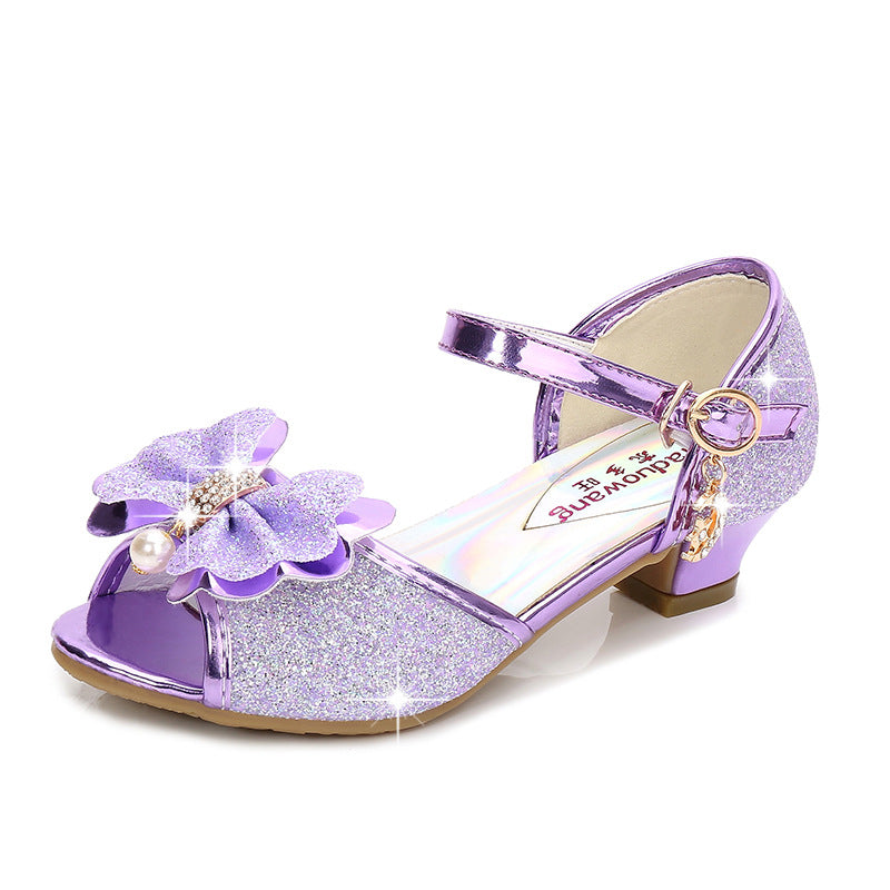 Children Fashion Sequins Princess Sandals Kids Girls Wedding Bowtie High Heels Dress Shoes Girls Birthday Party Dancing Shoes
