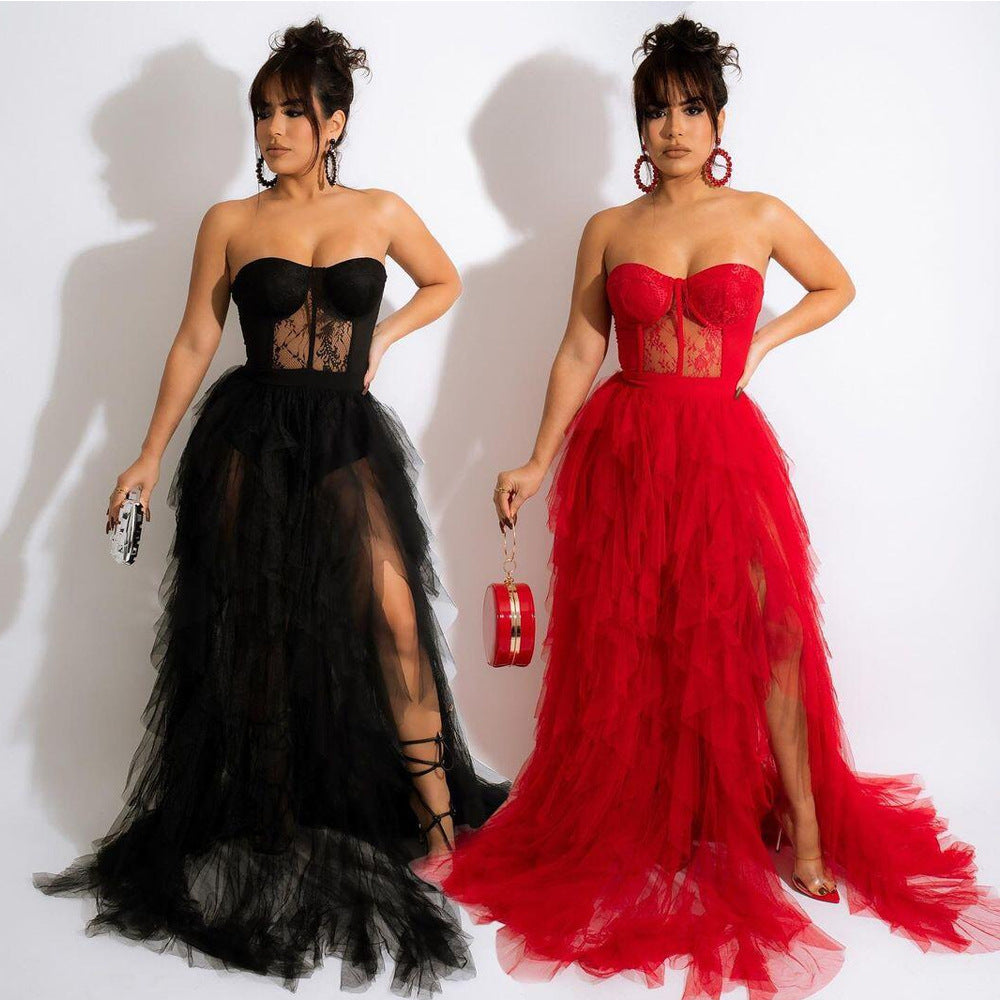 Women's Dress: European and American Perspective Mesh Bra with Hollow Abdomen and Floor Sweeping Long Dresses Suitable for Wedding, Large Banquets, Parties, Etc