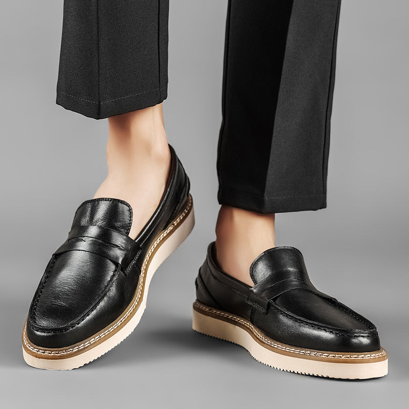 Men's Loafers Breathable Top Layer Cowhide Business Men's Shoes Round Toe Thick-soled Casual Shoes Non-slip Retro Yacht Shoes