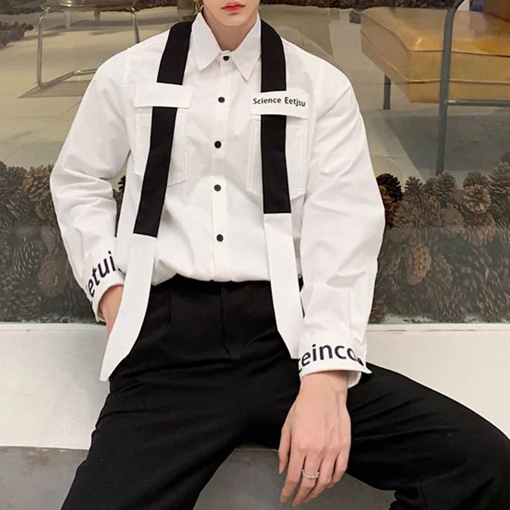 Mens Y2k Letter Print Contrasting Color Tie Casual Long-Sleeved Shirt Autumn Genderless Fashion Personality Versatile Top Unisex