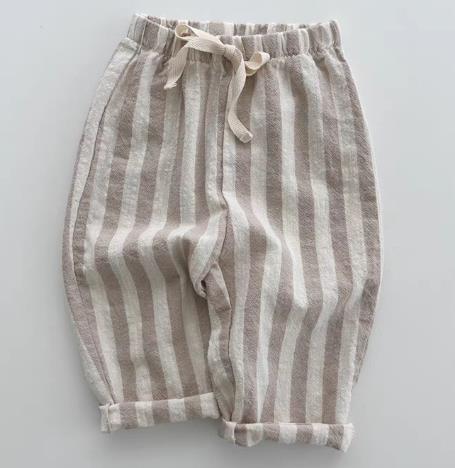 Vintage Linen Cotton Stripe Pants for Boys Casual Pocket Design Elastics Waist Pants for Toddler Girl Clothing Children Trousers