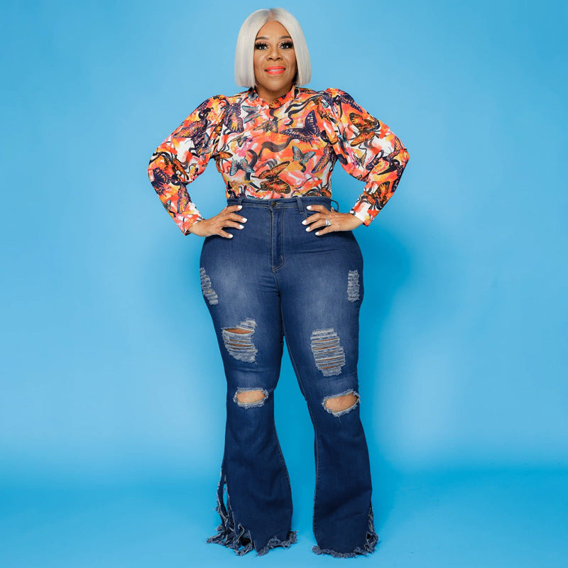 Plus Size 5xl Jean For Women Rhinestone High Waist Stretchy Denim Trouser Lady Fashion Flare Pants