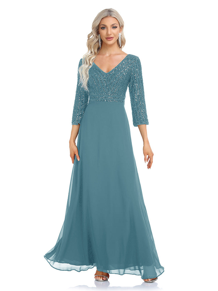 Women's Chiffon V-neck 34 Sleeves Sequined Evening Dress