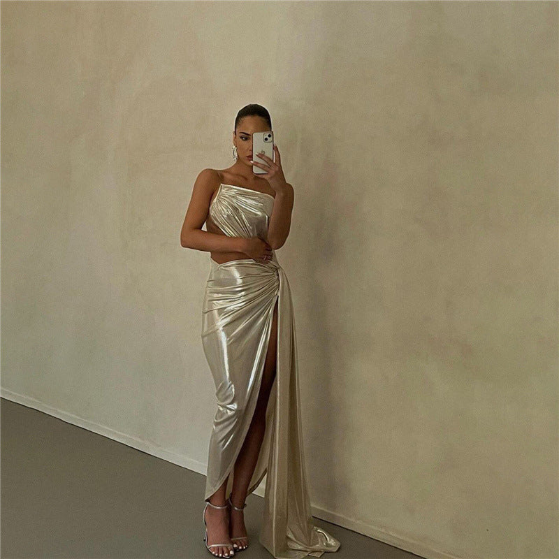 Women's Dress Fashion Sexy Backless Open Design Sense Temperament Slim Silver Backless Elegant Dress Suitable for Banquets, Parties