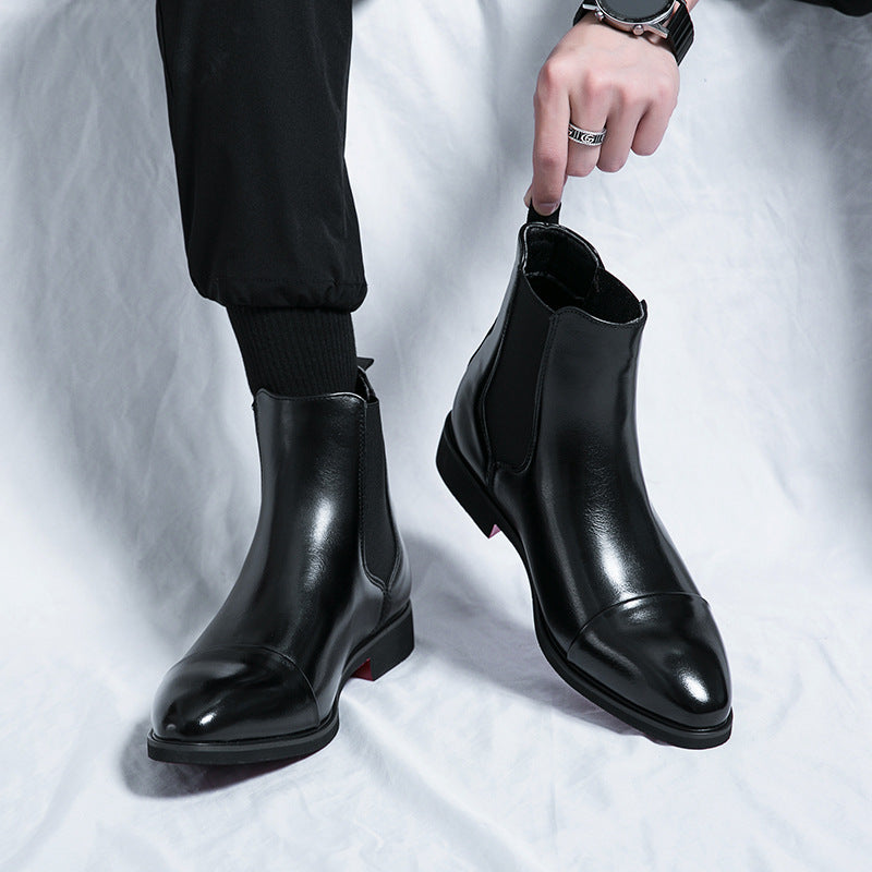 Autumn and Winter pointed toe slip-on plus size men's boots high-top leather shoes red sole Martin boots British casual Chelsea boots