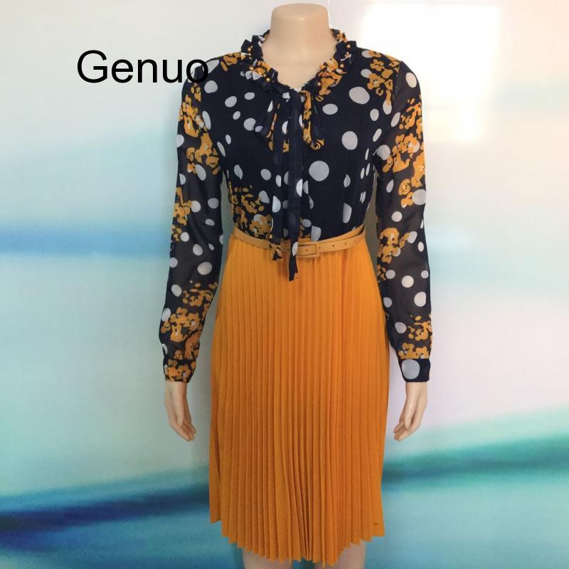 Spring Autumn Chiffon Print Dress Casual Cute Women Floral Long Bowknot Dresses Long Sleeve Vestido L-3XL