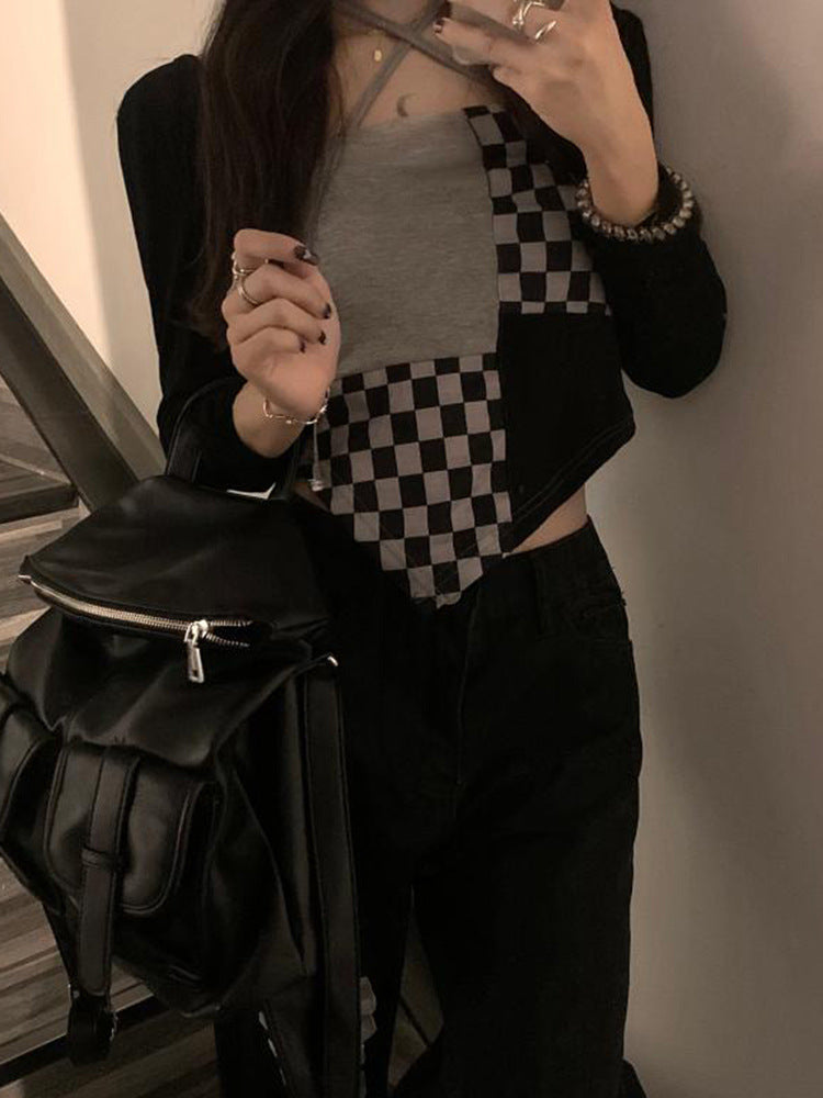 Checkered neck hanging small suspender vest for women in large size, fat and spicy girl trend, irregular short sweet and spicy top