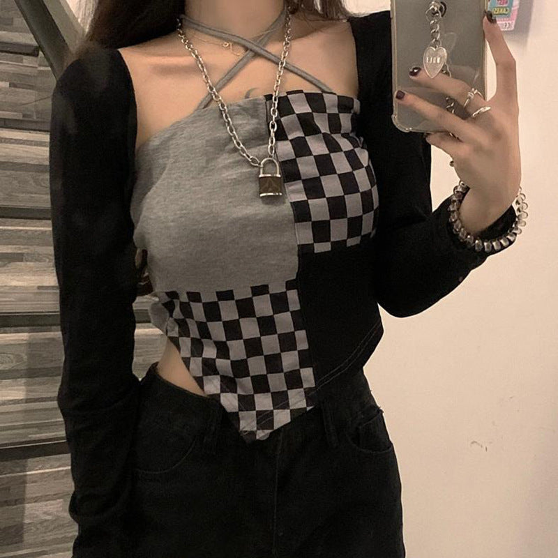 Checkered neck hanging small suspender vest for women in large size, fat and spicy girl trend, irregular short sweet and spicy top