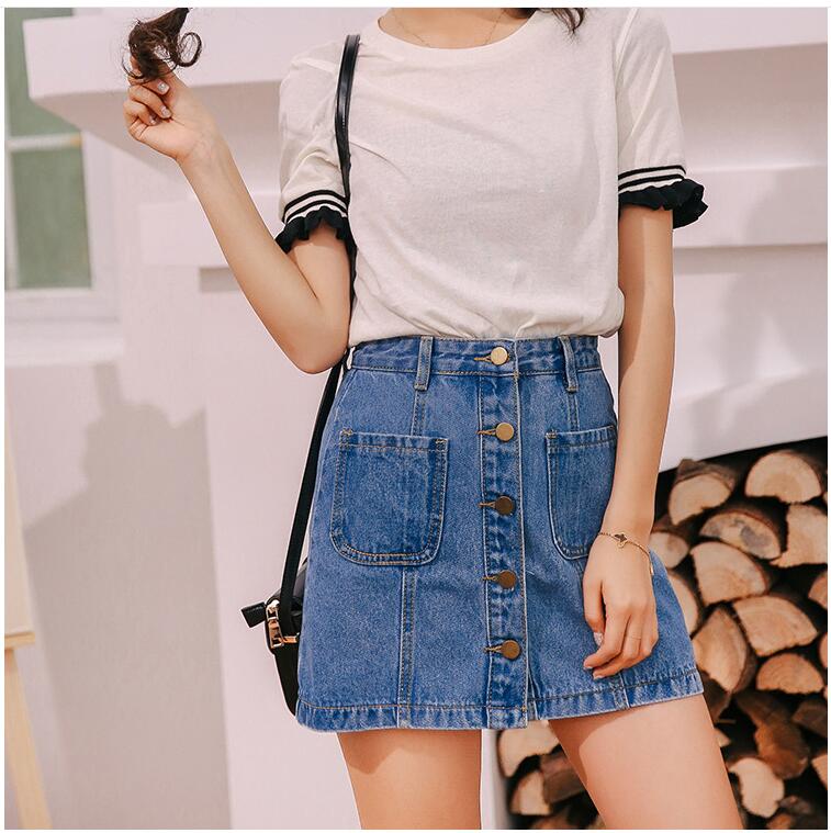 Denim Skirt High Waist A-line Mini Skirts Women 2020 Summer New Arrivals Single Button Pockets Blue Jean Skirt Style Saia Jeans