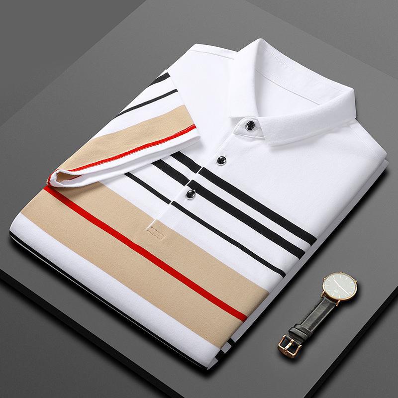 Pure Cotton Striped POLO Shirt Men's Light Business T-shirt Short-sleeved Men's POLO Stretch Patchwork Lapel Golf T-shirt