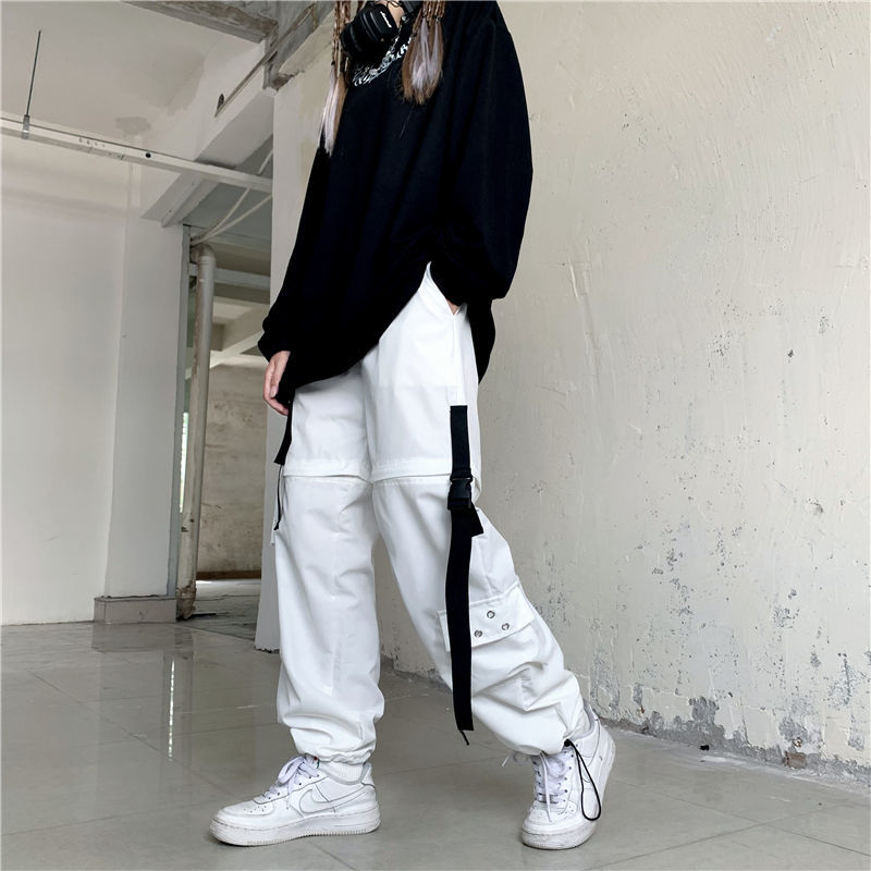 Streetwear Spring Summer Cargo Pants Women Harajuku Slim Punk Ribbons Joggers Elastic Waist Ankle-Length Trousers For Girls