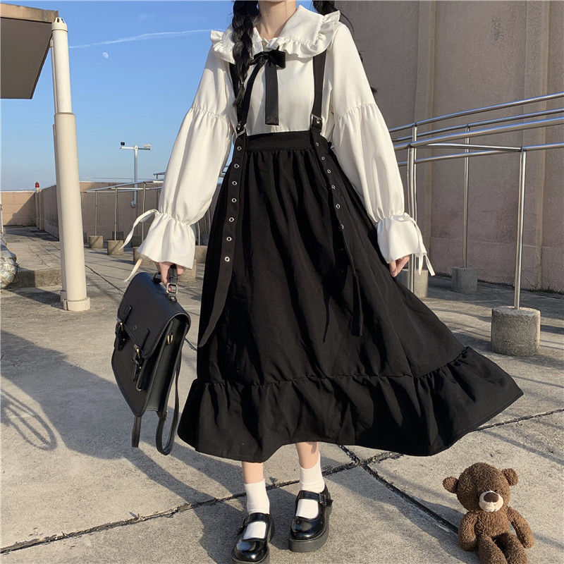 Korean Style Loose French Style College Style Slip Skirt Women's Mid-length Student Strap Dress + Long Sleeve Shirt Set