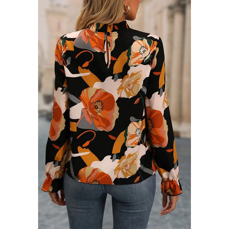 2024 early autumn thin contrast color temperament commuter chiffon shirt women European and American fashion floral print long sleeve pullover women
