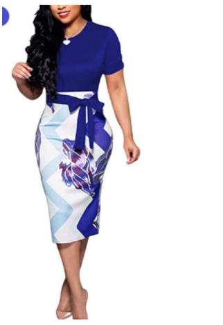Belted Patchwork Short Sleeve Dress