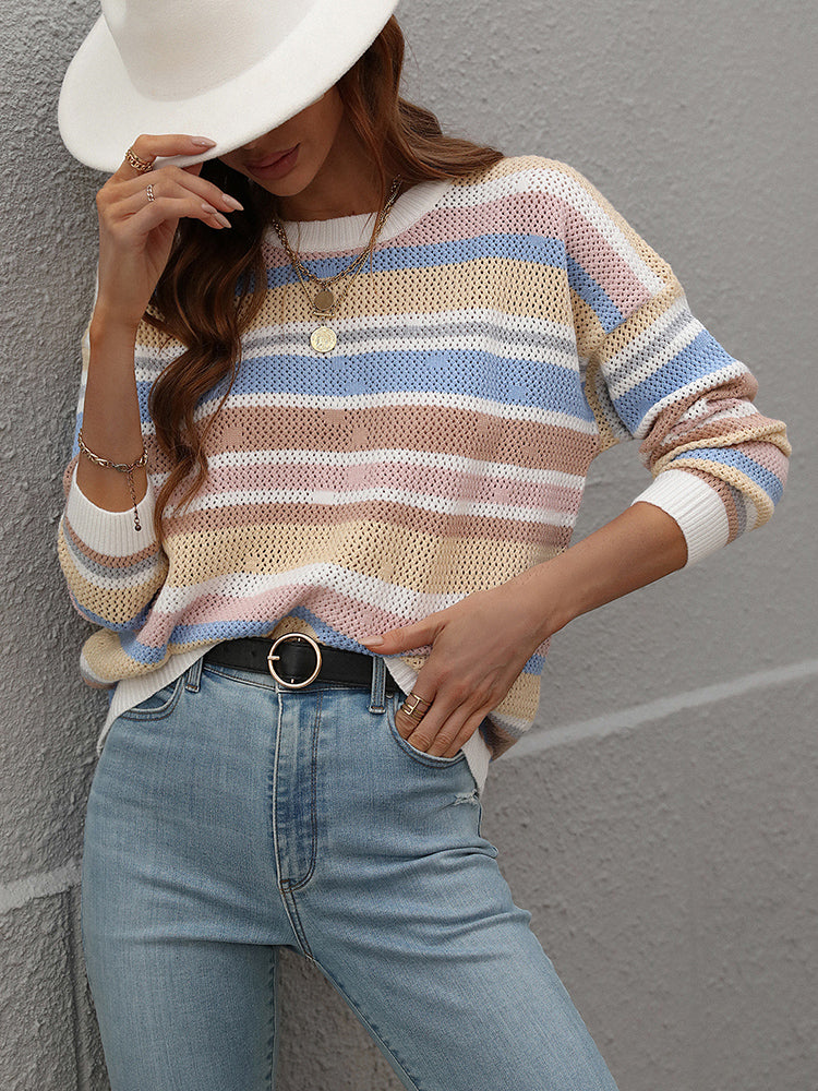 Fitshinling çizgili Vintage kazak kadınlar kış giysileri kazak örgü uzun kollu üst Boho moda ince Jumper çeker Jersey