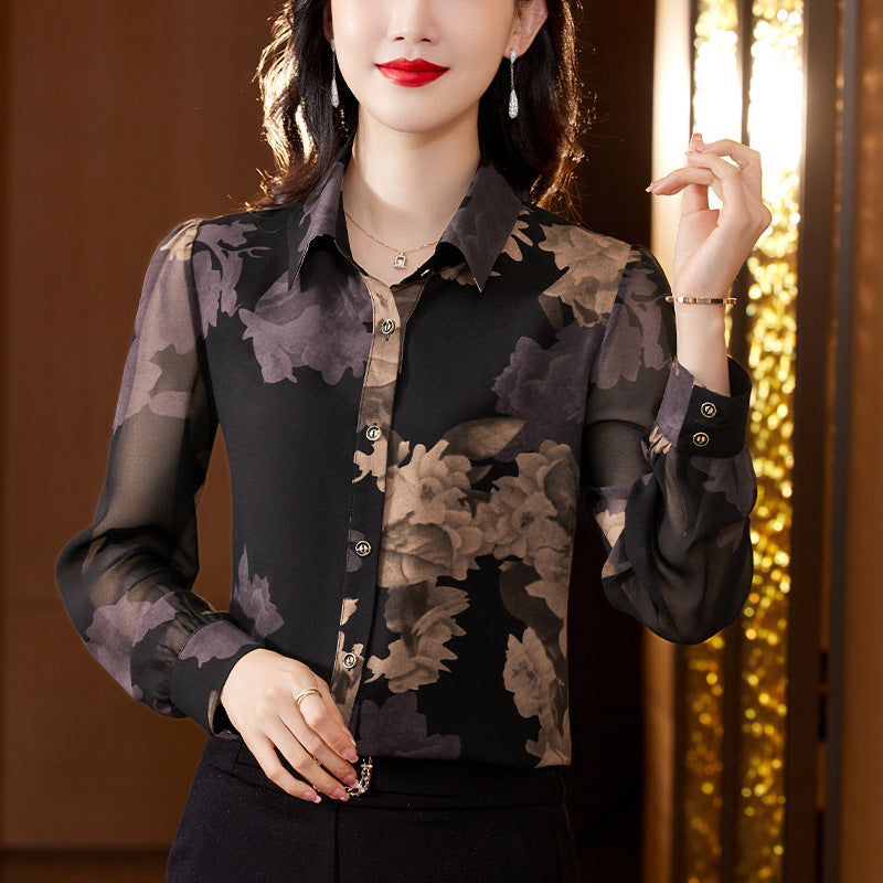 Hui 3265 chiffon shirt women's long sleeve 2024 autumn new fashion age-reducing versatile shirt Western style slimming printed top