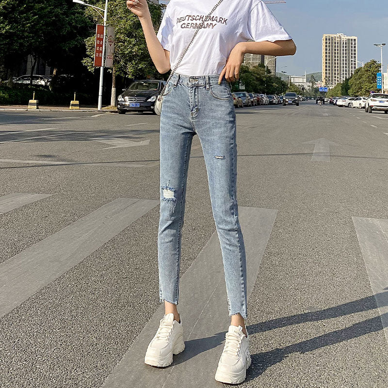 Light Blue Ripped Jeans Women's Thin And Tall Nine-point Pencil Feet Pants