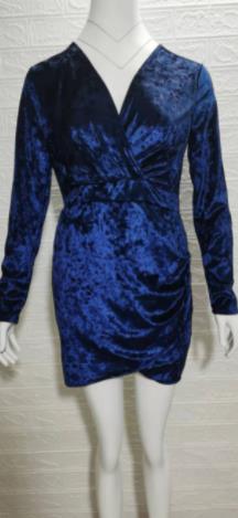 Fall Winter Fashion Solid Color And V-neck Long Sleeve Velvet Sheath Dress