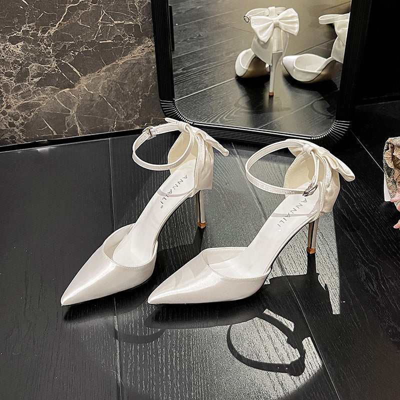 2023 new one-strap satin white wedding shoes sweet bow bridal shoes plus size high heels 42 43