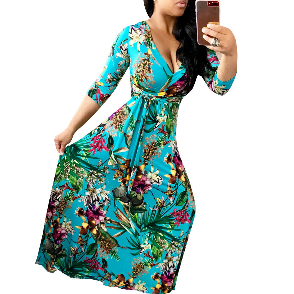 YM-8152 European and American women's sexy V-neck beautiful print large size and floor dress