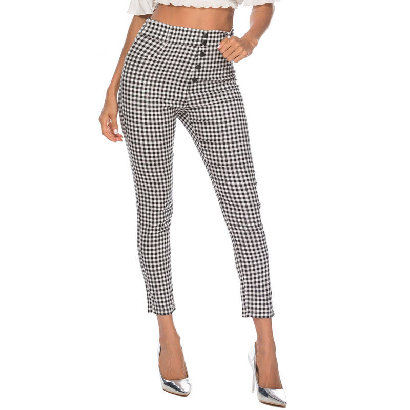 High waist plaid slim pencil feet