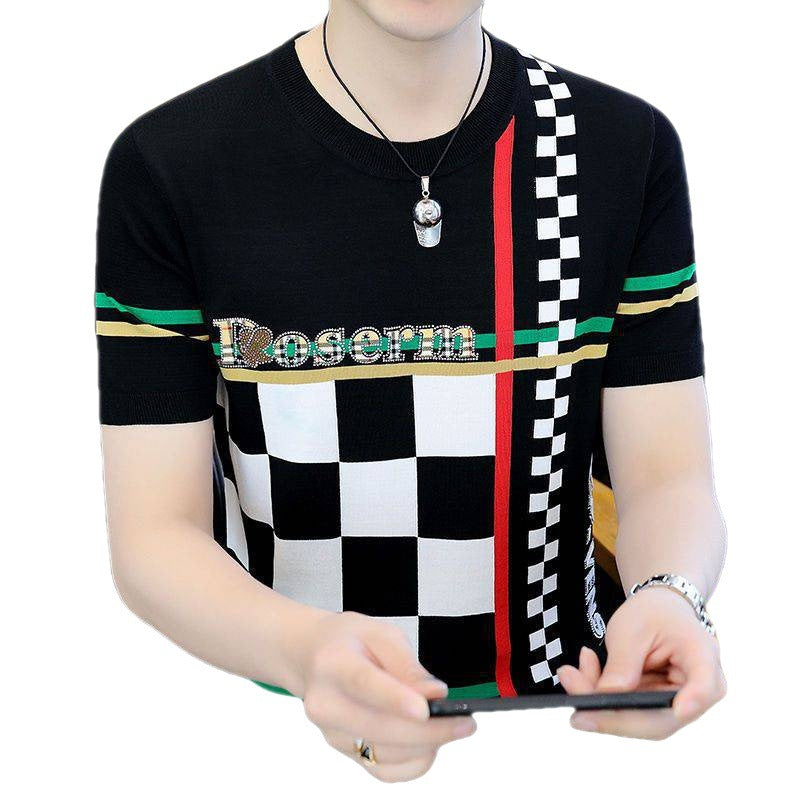 Men's Knitted Crewneck Ice Silk Short-sleeved T-shirt Summer Korean Style Fashion Plaid Knitted Trendy Half-sleeved Slim-fit T-shirt for Men
