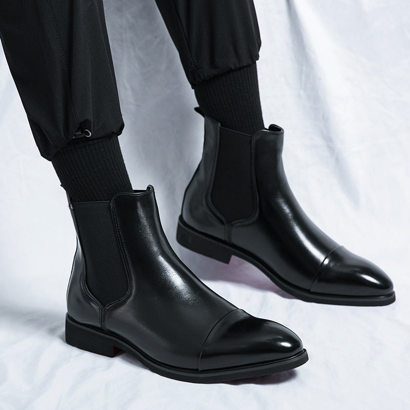 Autumn and Winter pointed toe slip-on plus size men's boots high-top leather shoes red sole Martin boots British casual Chelsea boots