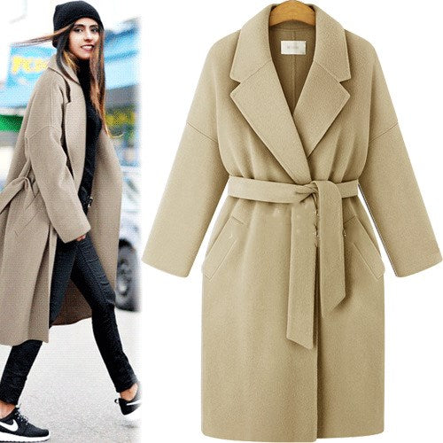 winter new style plus size women's pure color lace-up windbreaker loose coat long woolen coat women