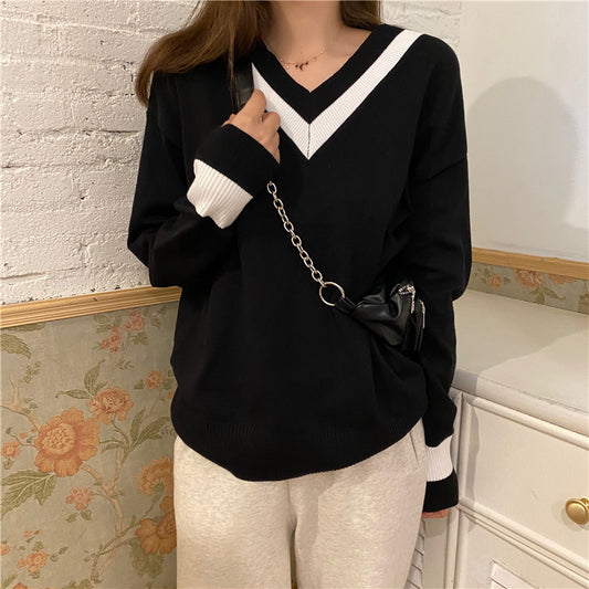 Sweater women's loose outer wear pullover, sweater women's loose outer wear pullover lazy style student ins forest style long sleeve V-neck contrast color all-match knitted autumn and winter, all-match knitted