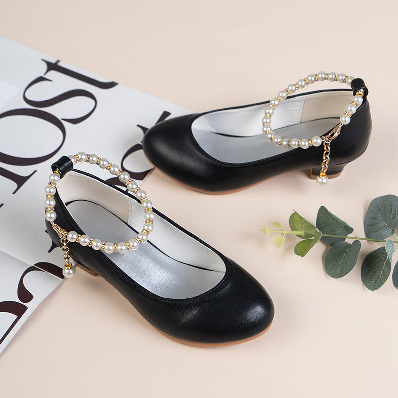 Girls High-heeled Leather Shoes Spring Children Middle-aged White Wedding Host Show Princess Dress Shoes