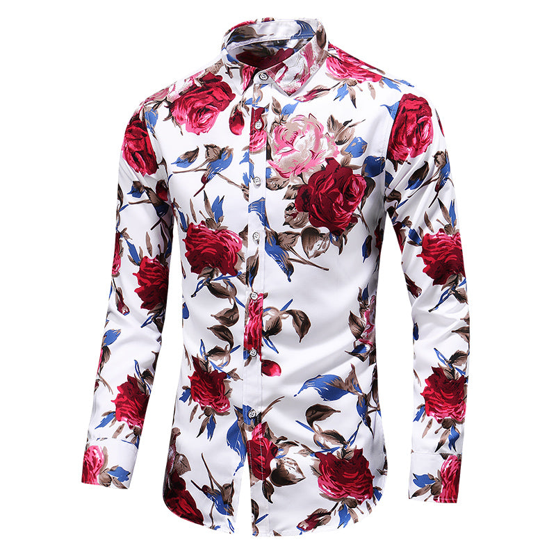Spring and Autumn Men's Long-sleeved Flower Shirt Large Yards Lapel Repair Shirt Non-iron Casual Men