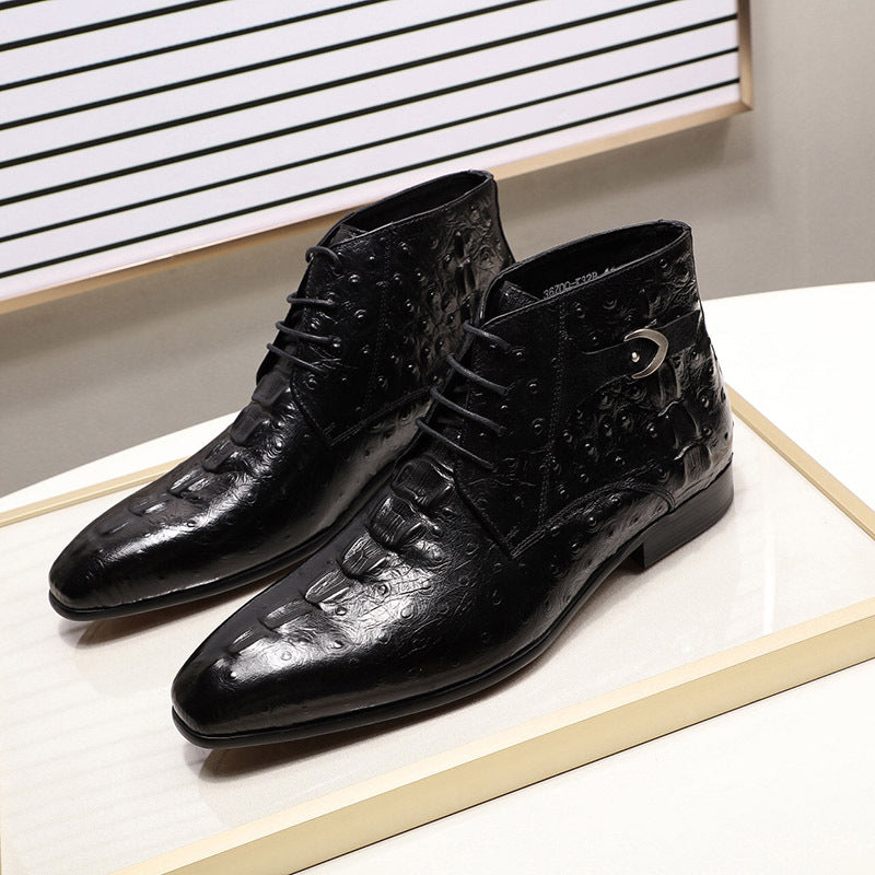 Business Casual Nude Boots British Leather Breathable High-top Pattern Embossed Lace