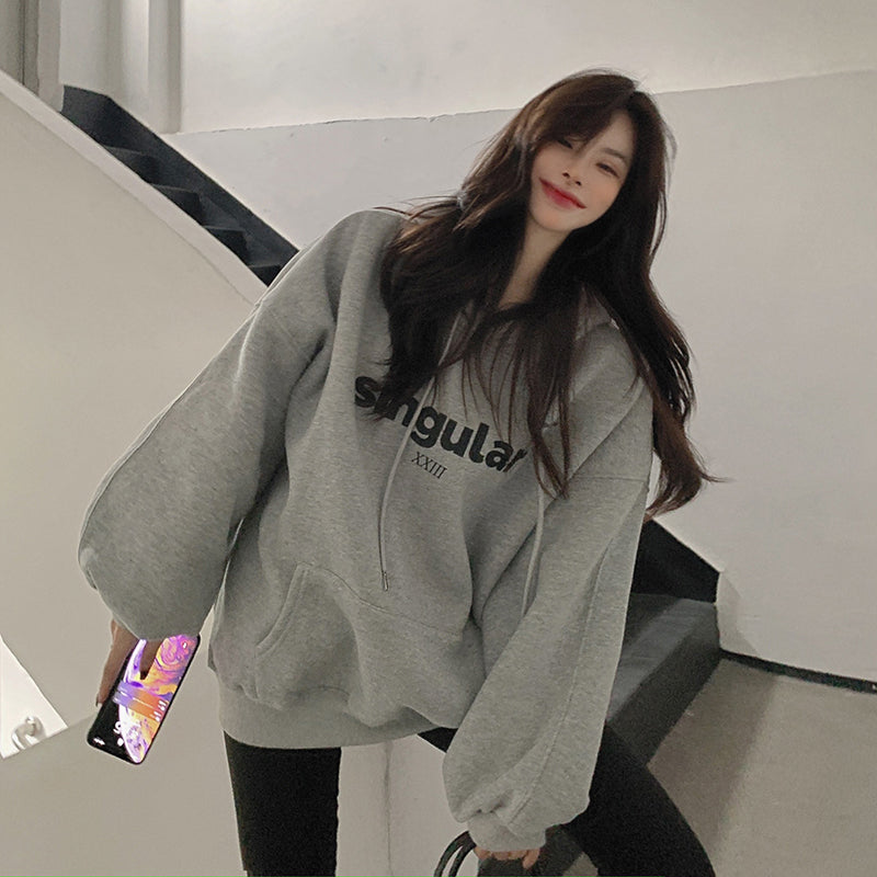 Letter Printed Aesthetic Thicker with Hat Hoodies Women New Pullovers Loose Tops Korean Style Streetwear Trendy Chic All-match