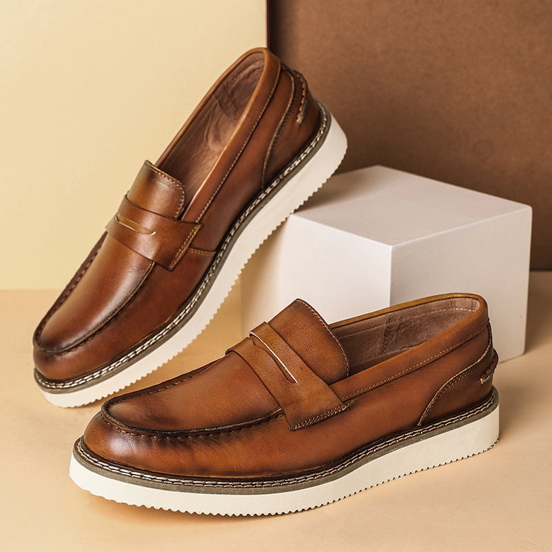Men's Loafers Breathable Top Layer Cowhide Business Men's Shoes Round Toe Thick-soled Casual Shoes Non-slip Retro Yacht Shoes