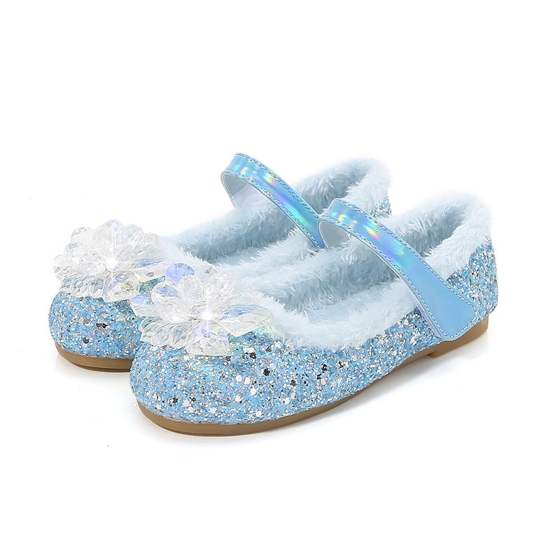 Elsa Princess Shoes Winter New Girls' Velvet Warm Flat Shoes Blue Crystal Shoes Little Girl Soft Shoes