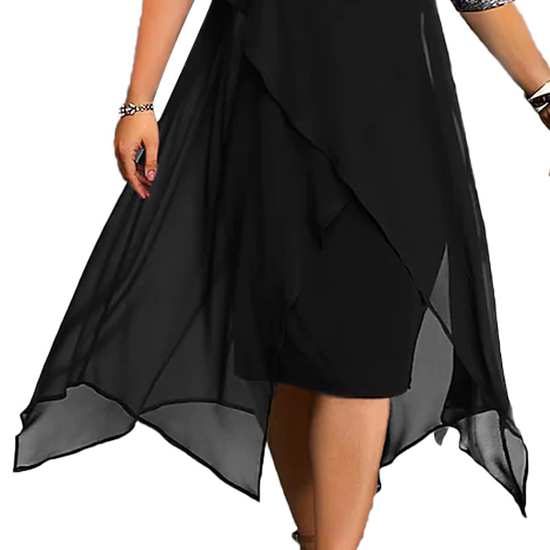 Women's Large Size Dress Summer New Dress Solid Color Ribbon V-neck Irregular Temperament Chiffon Waist Waist Swing Skirt Dress