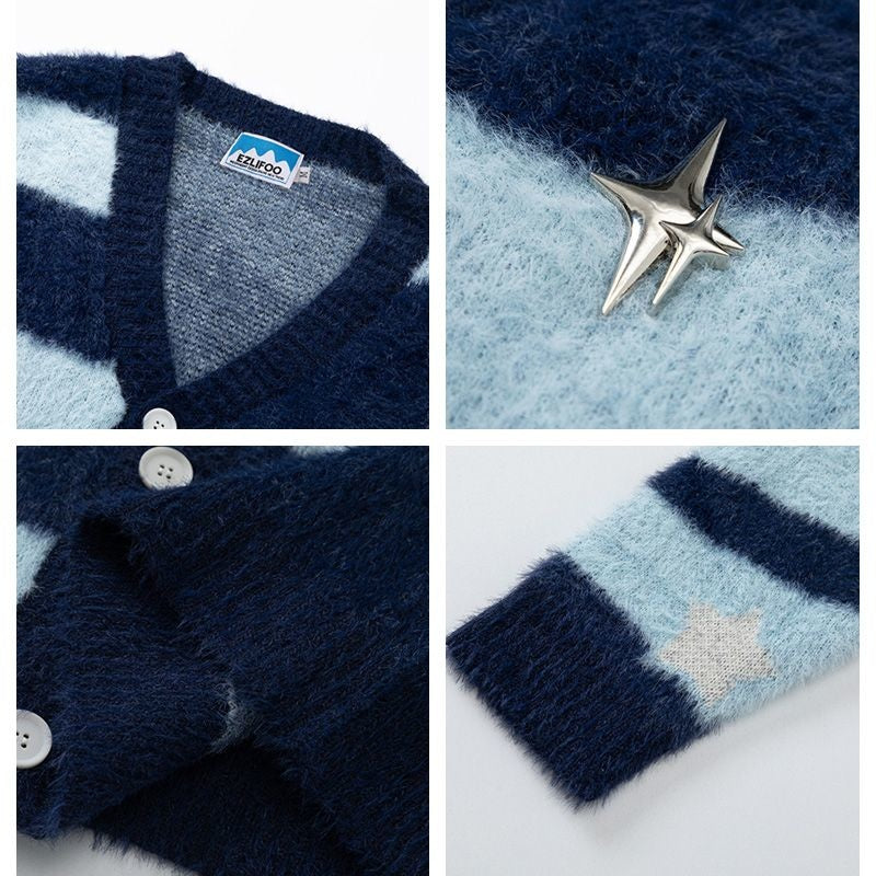 Y2k Preppy Style Cardigan Women Fashion Star Stripe Button Sweater Knit Vintage Autumn Winter Blouse Woman Clothing Trendy 2023