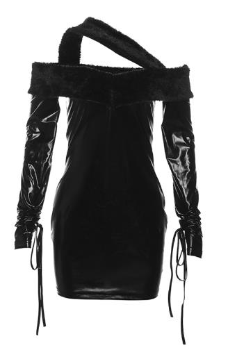 Style Fall Winter Fashion Off-neck Long Sleeve Slim Hip PU Dress