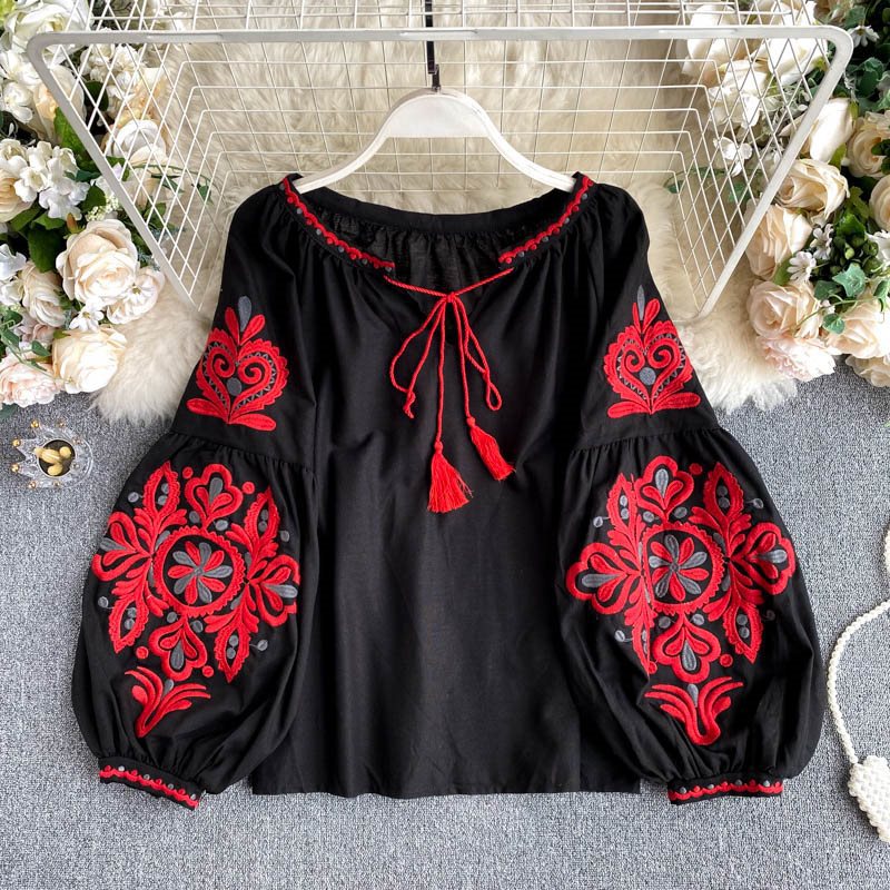 Travel Photographer Vintage Ethnic Style Heavy Industry Embroidered Lace-up Tassel V-neck Stylish Lantern Sleeve Top Women's Loose All-match