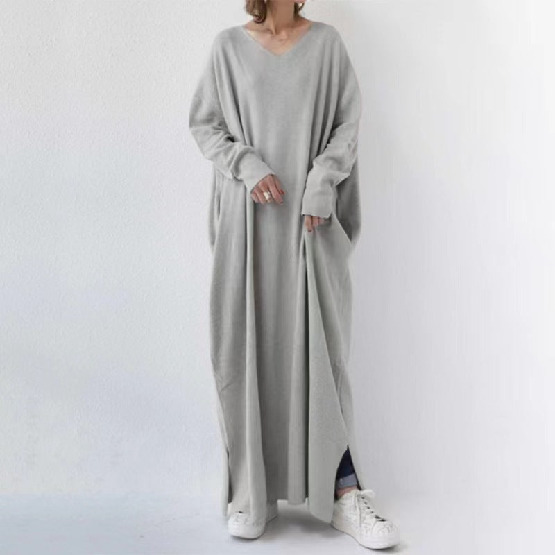 Women's Knitted Long Sleeve V-neck Swing Type Dress