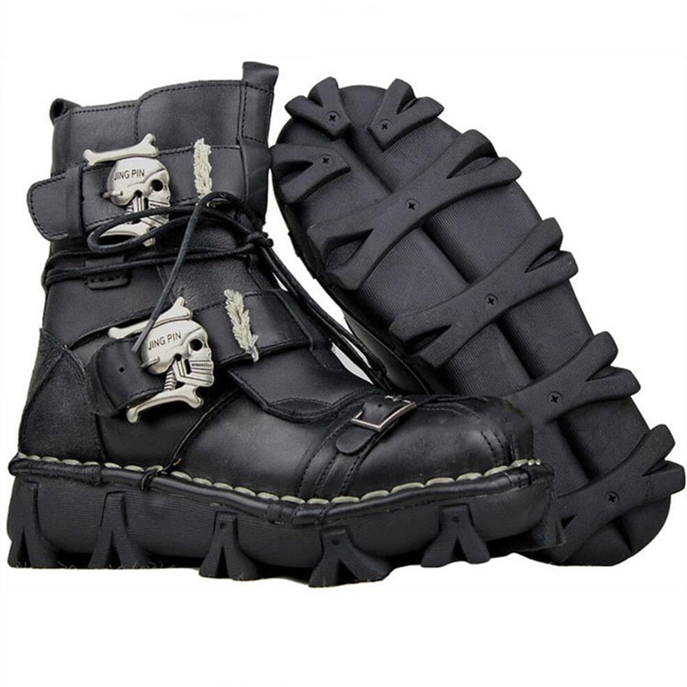Men's Cowhide Genuine Leather Working Boots Military Combat Boots Gothic Skull Punk Motorcycle Martin Boots