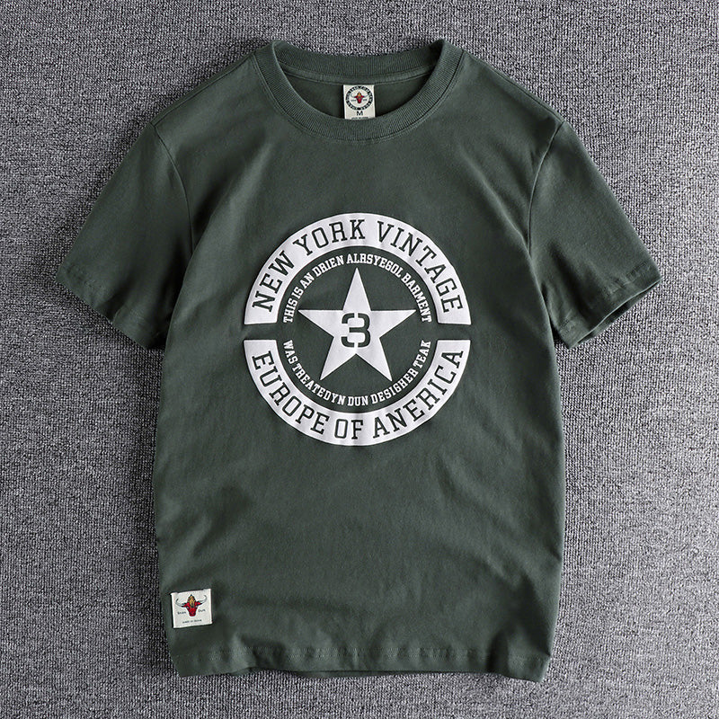 Men Pentagram O-Neck Short Sleeve Letter Print T-Shirt 100% Cotton, Old Washed Casual Tops, American Retro Fashion, New, Summer