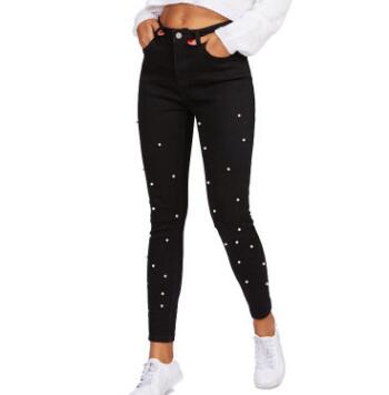 Skinny Jeans Pants Women Beaded Front Jeans Spring Summer Mid Waist Zipper Fly Long Denim Casual Pants