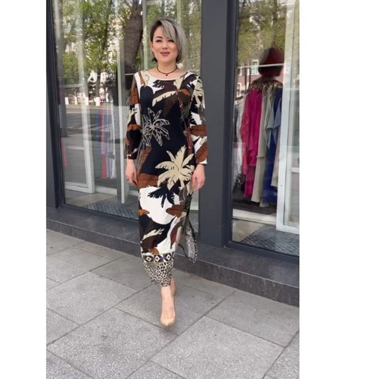 2023 Spring and Autumn European and American Cross-border New AliExpress Elegant Commuter Round Neck Printed Large Size Dress for Women