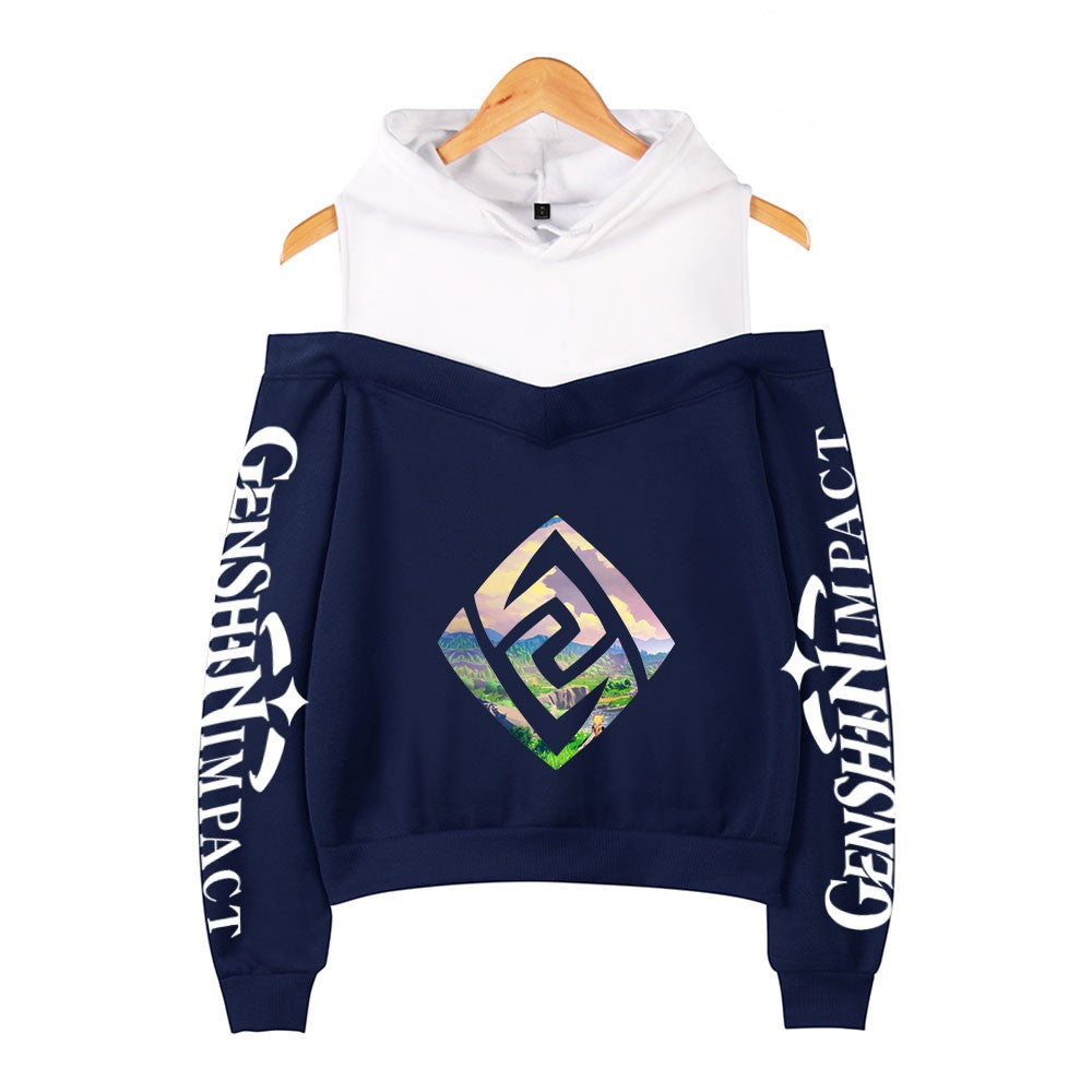 Genshin Impact Hoodies Women's Off-shoulder Hoodie Sweatshirt Autumn Winter Hoodie Harajuku Cartoon Xiao Off-shoulder Sweatshirt